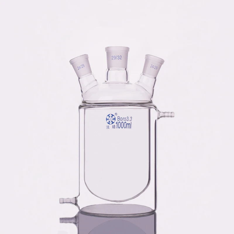 

Double-deck cylindrical three-necked bottom flask,Capacity 1000ml,Mid 29/32,Side 24/29,Mezzanine jacketed reactor bottle