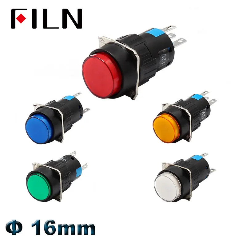 16mm plastic push button switch 12v 24v 220V red yellow blue green  led illuminated 1no 1nc momentary latching switch