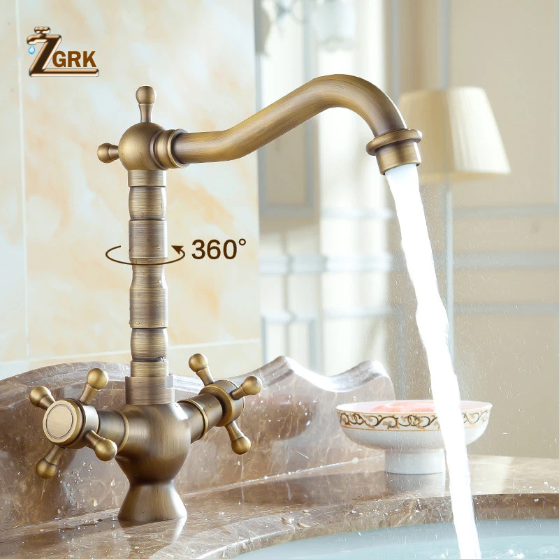 ZGRK Dual Handles Basin Faucet Brass Bronze Finished Mixer Taps 360 Rotation Antique Bath Sink Faucet Deck Mounted Water Taps