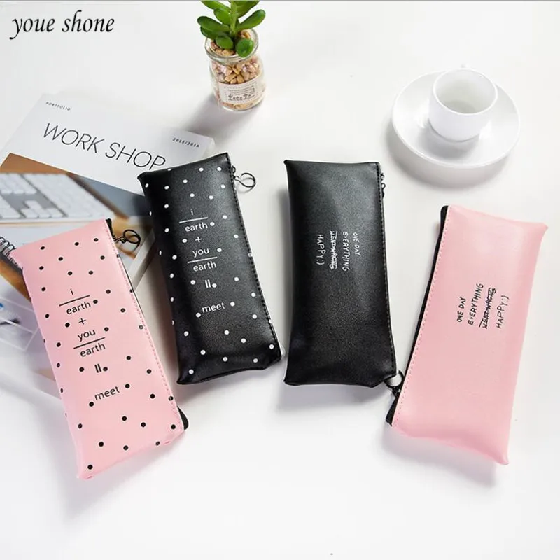 

1Pcs/lot Simple Student Zipper Stationery Bag Pencil Case Solid Color Personalized PU Pencil Bag Chancery Penalty