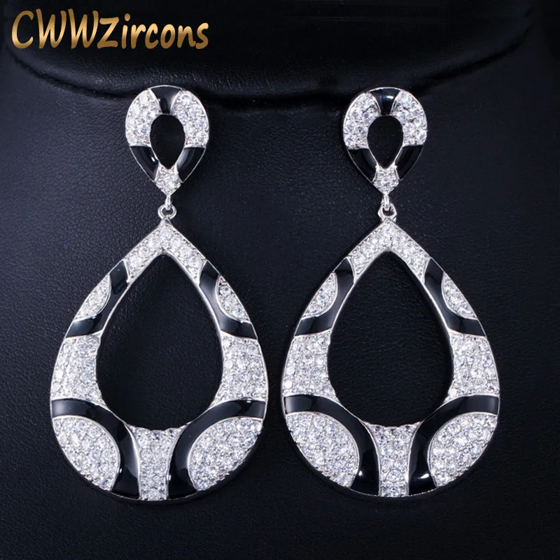 CWWZircons Sparkling Cubic Zirconia Paved Black Snake Print Statement Big Drop Earrings for Women Party Dress Accessories CZ456