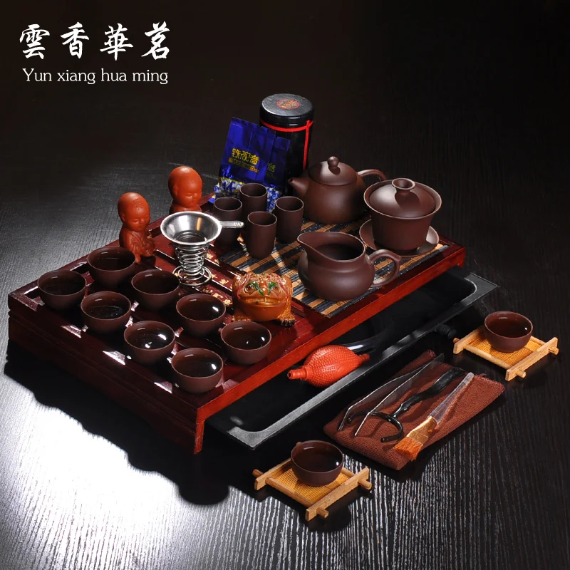 Yixing tea set purple ceramic teapot wedding set of tea cups solid wood tea tray tea ceremony on sale