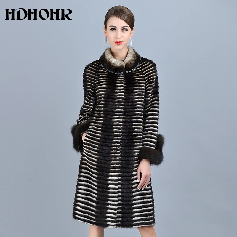 HDBathroom-Vestes en fourrure de vison naturel pour femmes, Parkers chauds d\'hiver, Manches en fourrure de renard combiné, Optique de la mode, Haute