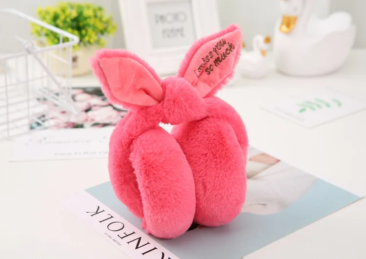 2018 New fashion Casual Simple Winter folding cute rabbit ears shape plush warm Women's earmuffs color style Pink red white gray