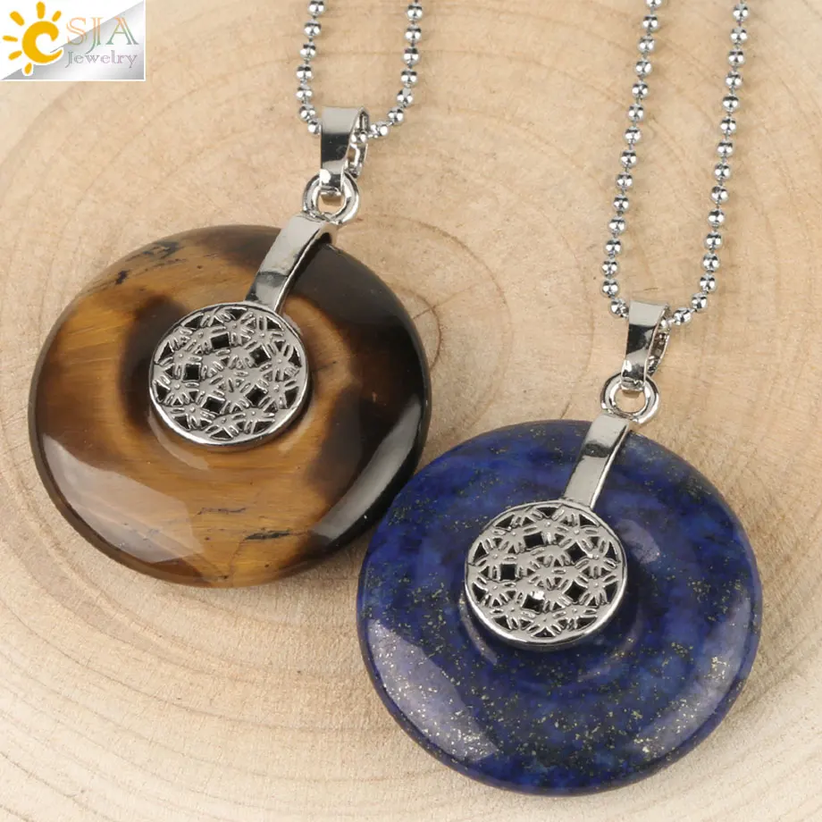 CSJA Natural Stone Flower of Life Pendants Necklaces Crystal Healing Energy Balance Bead Geometric Symbol Women Men Jewelry G140