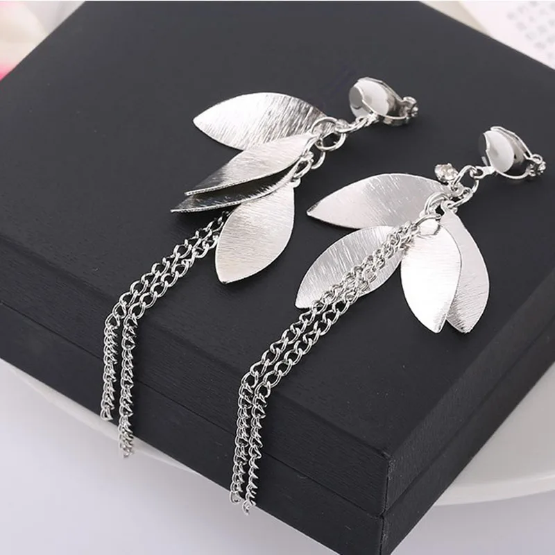 JIOFREE Gold Silver Color Clip on Earrings Non Piercing for Women Costume Accessories Jewelry Hollow Leaf Shape Long Earring