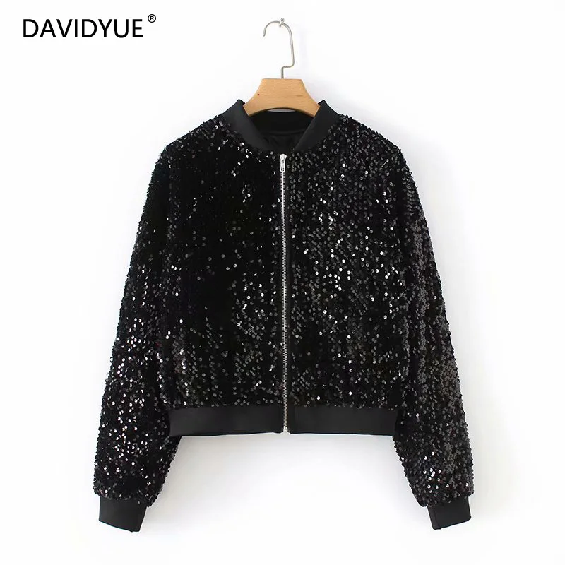 

2022 Fall black sequin jacket ladies coats and jackets women bomber jacket long sleeve zipper vintage casual korean streetwear