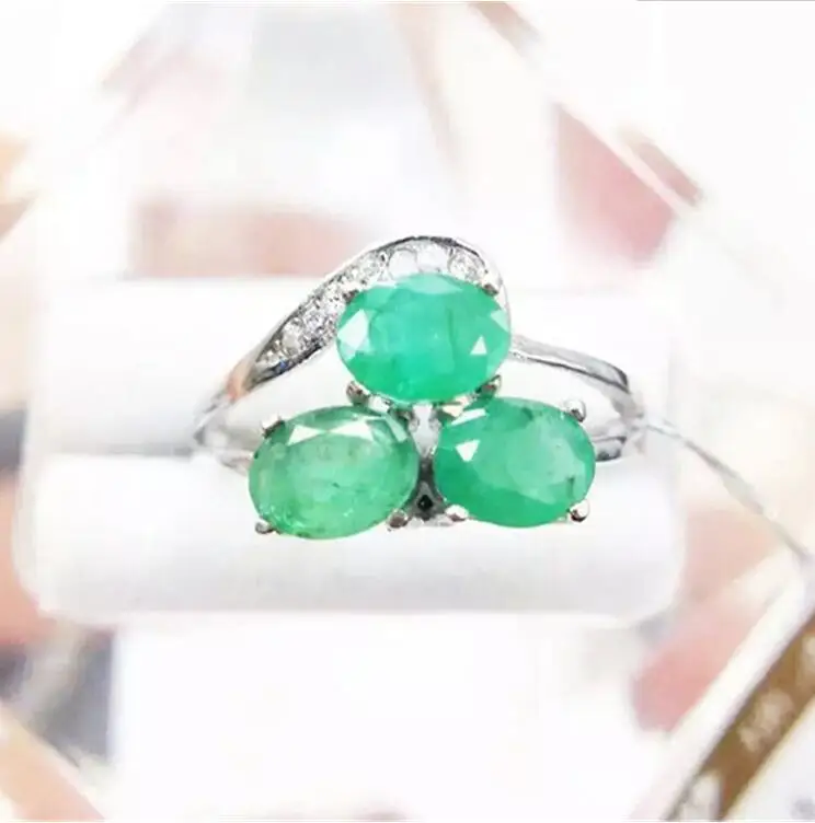 Emerald ring Free shipping Natural real emerald 925 sterling silver 4*6mm 3pcs Fine jewelry