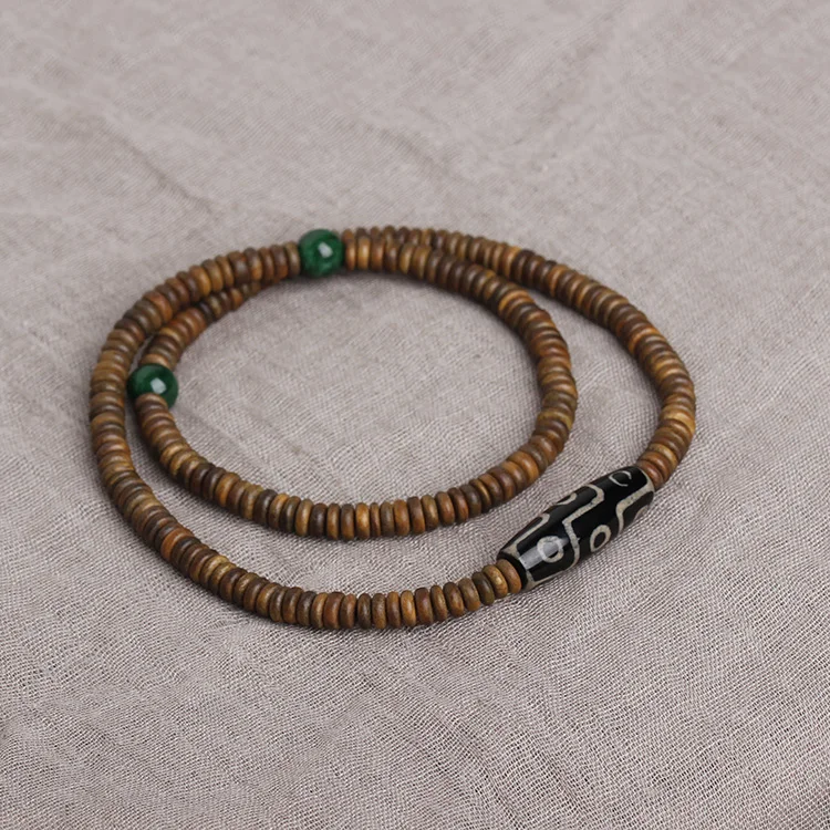 Retro Strand Bracelets Palo Santo Wood and Natural Stone Nine Eyes Dzi Ethnic Style with Green Stone  Vintage Jewelry