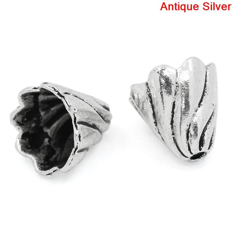 8Seasons Metal Beads Caps Cone Antique Silver Color Ripple Carved DIY Making Jewelry (Fits 12mm-16mm Beads) 13mm x 12mm, 50 PCs