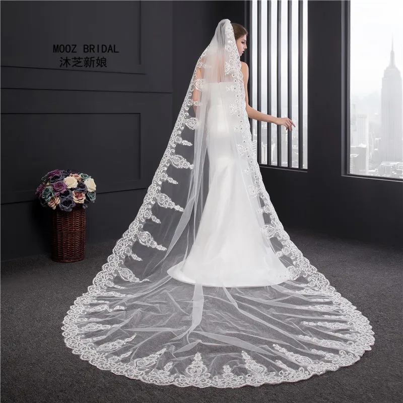 Wedding Veil 3.5 Meters Length 1.8M Width Real Image 2016 Crystals Rhinestones Lace BlingBling Cathedral Bridal Veils with Comb