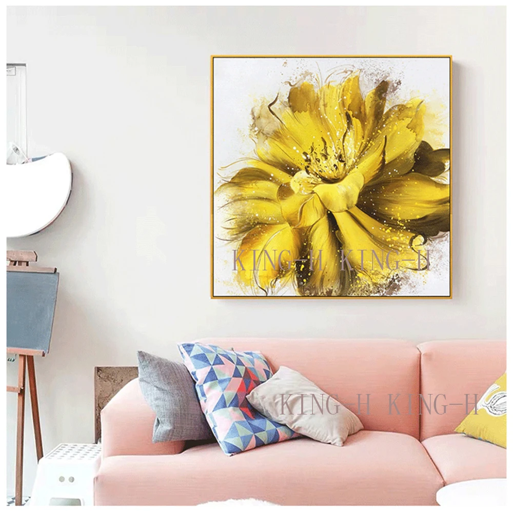 Hand-drawn original big plants Flower oil painting realistic quality golden Flowers decorate sofa porch corridor study