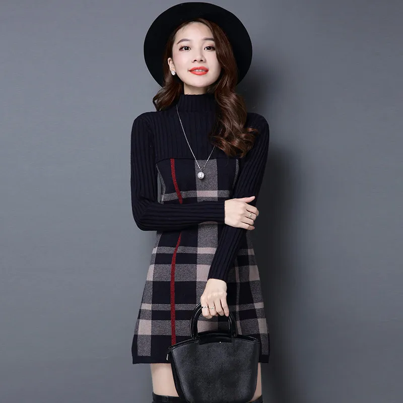 2022 New Women Autumn Winter Dress Turtleneck Long Sleeve Plaid Knitted Sweater Dress Female Loose  Sweaters Pullovers Dress 315