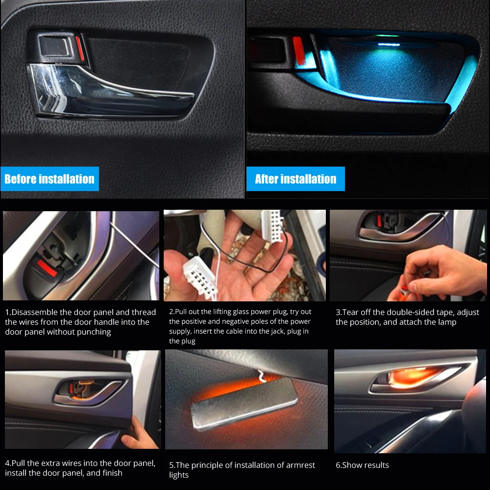 4pcs Car Ambient LED Light Auto Inner Door Bowl handle Armrest Light Car Door Interior Decorative Atmosphere Lamp Universal