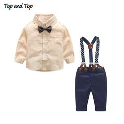 Top and Top-Ensemble de vêtements formels pour bébé garçon, t-shirt à rayures, manches longues, nœud papillon, pantalon à bretelles, vêtements en coton, automne