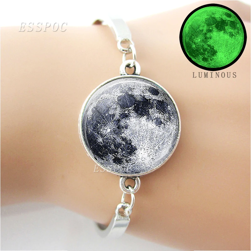 Luminous Full Moon Bracelet Glow In The Dark Full Moon Glass Cabochon Charm Bracelet Handmade Jewelry for Women