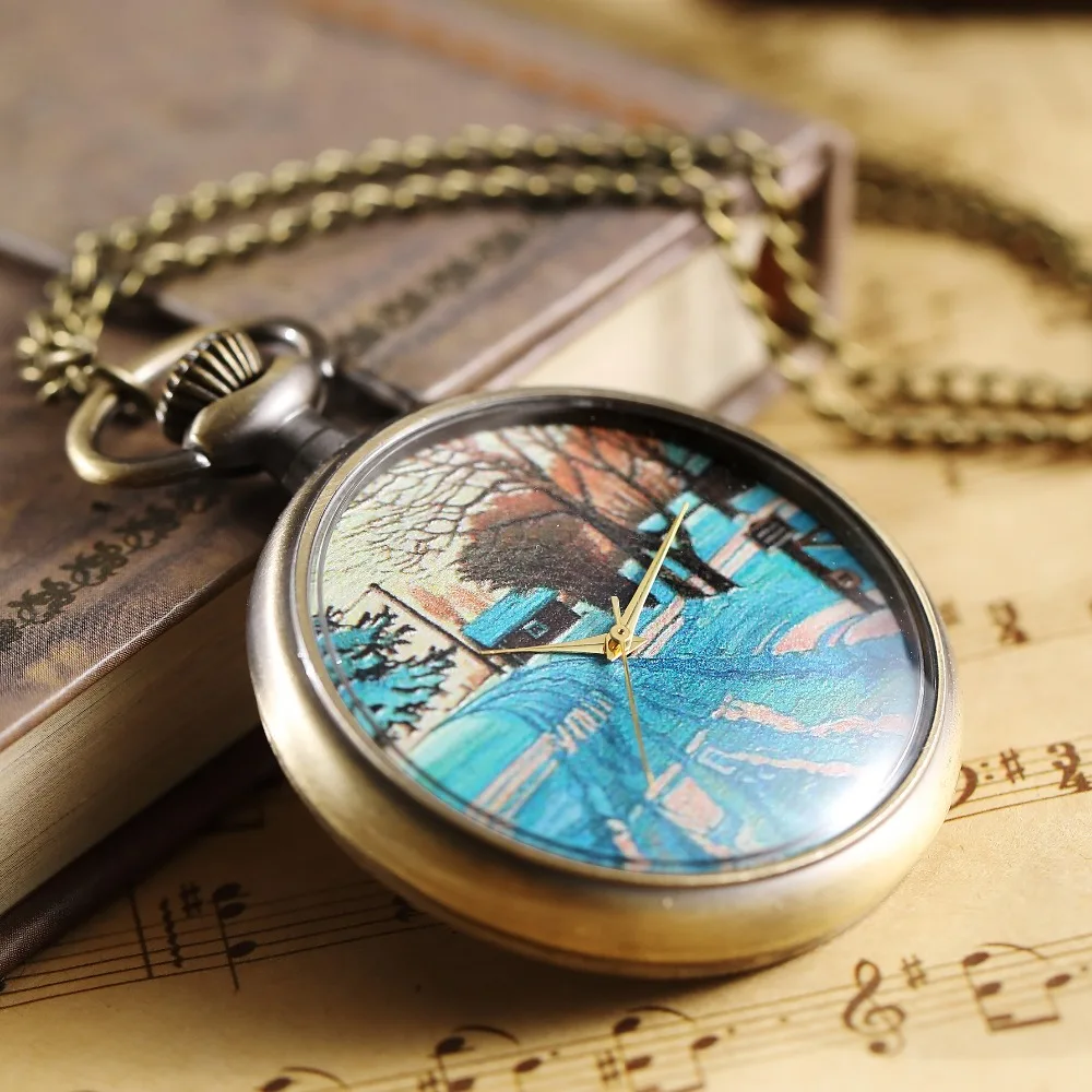 Retro Bronze Mens Women Transparent Pocket Watch Unique Art Pattern Open Face Quart Unisex Simple Design Necklace Watch