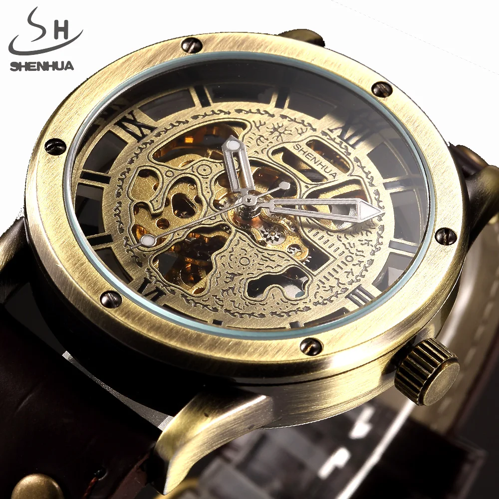 

SHENHUA Bronze Automatic Mechanical Watches Men Hollow Skeleton Leather Strap Male Clock Relogio Masculino Mens Wrist Watches