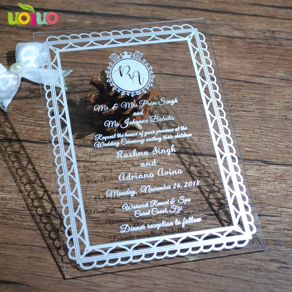 20pcs uoiuo brand high quality royal acrylic invitation card model with hot foil silver words printing