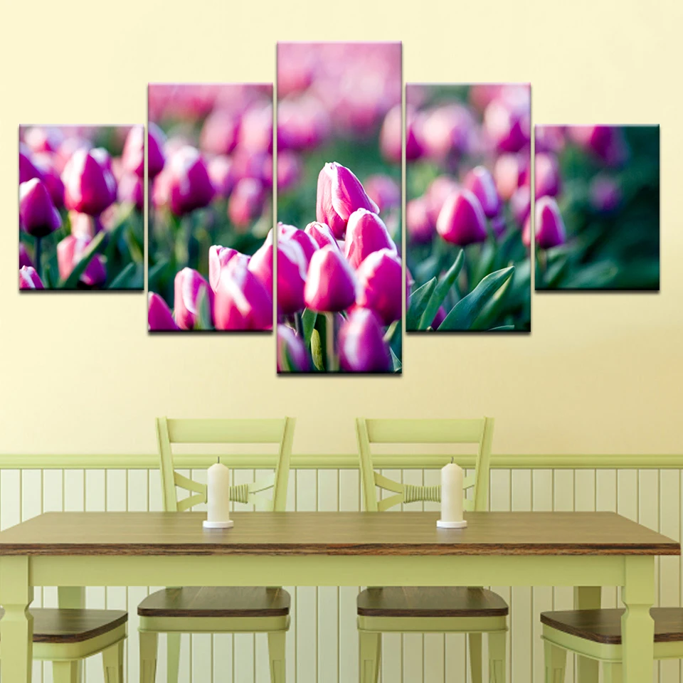 زهور التوليب الوردية 5 لوحات خلفيات وحدات حديثة ملصق فني قماش اللوحة لغرفة المعيشة ديكور المنزل