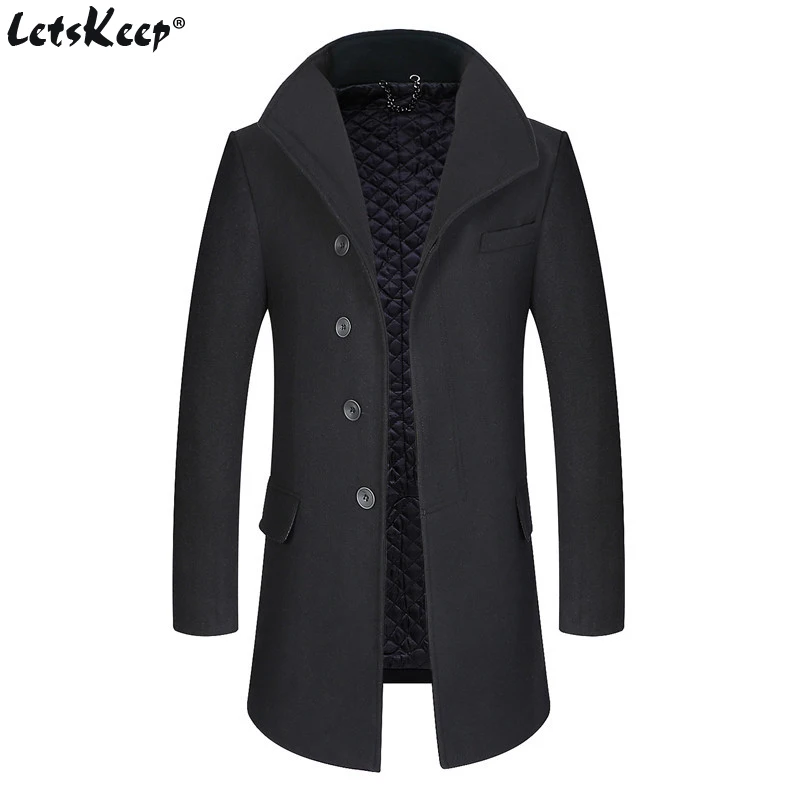 LetsKeep 2018 Winter Long Wool Coat Men Windbreaker Thick mens wool overcoat Classic Business black trench coat , MA525