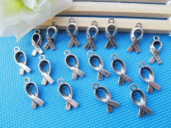 

200pcs Antique Silver tone/Antique Bronze Breast Cancer Ribbon Tie Pendant Charms Finding,Metal Hope Finding,DIY Accessory