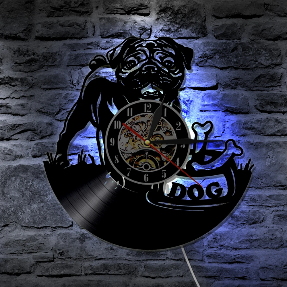 

Cute English Bulldog Modern LED Hanging Lamp Pug Dog Puppy Animal Wall Watch Decorative Lighting Vinyl Record Wall Clock