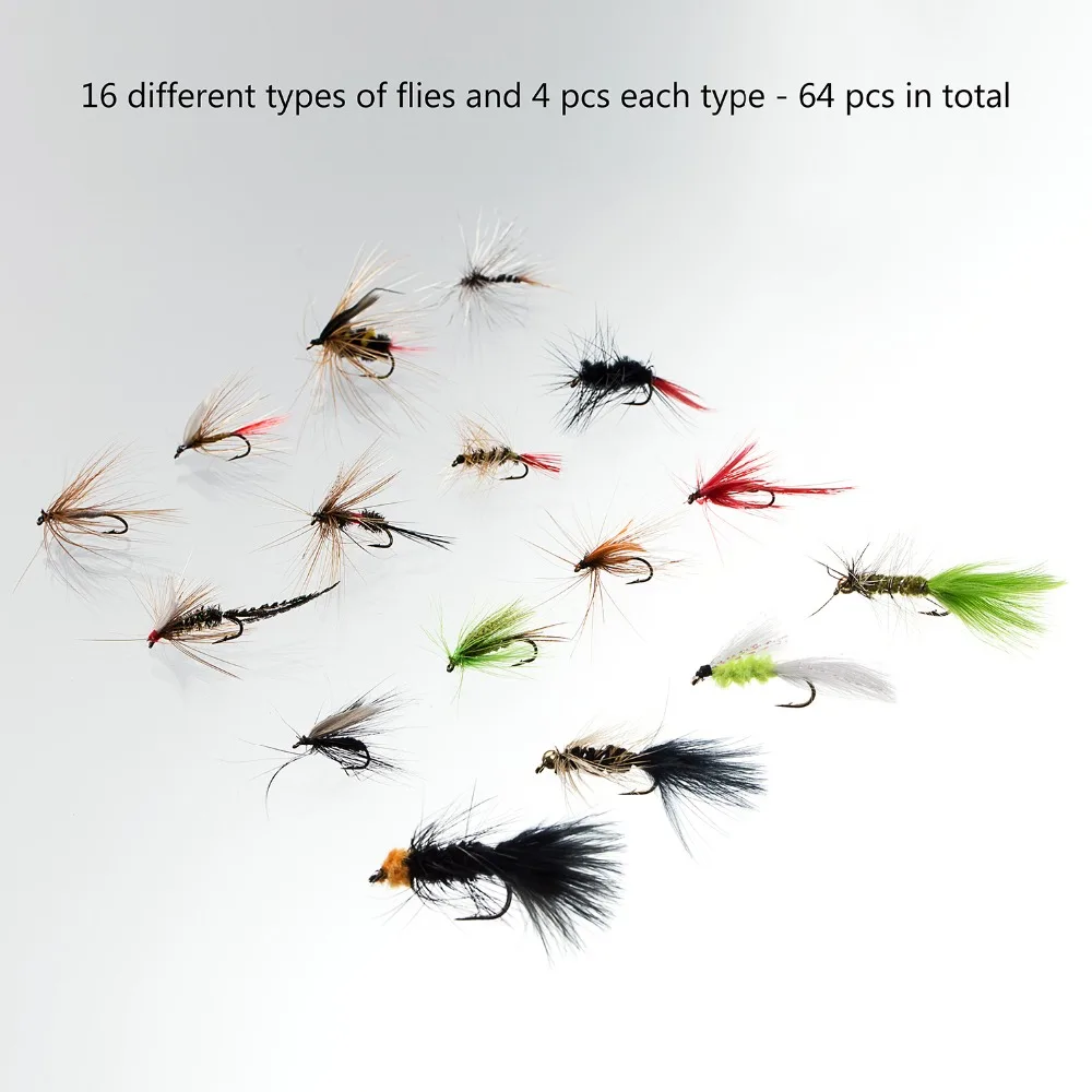 Bassdash Fly Fishing Assorted Flies Kit, Pack of 64 pcs Fly lure including Dry Wet Flies, Nymphs, Streamers, Terrestrials