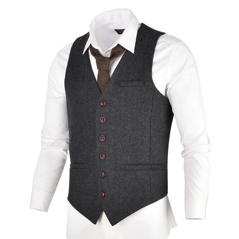 VOBOOM Wool Tweed Mens Waistcoat Single-breasted Herringbone Slim Fitted Suit Vests 007