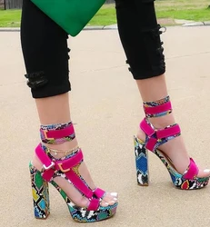 Sexy Women Platform Multi-Snakeskin Chunky Heel Sandals Buckle Strap Clasp Top Fuchsia Python Mixed Color Patchwork Party Sandal