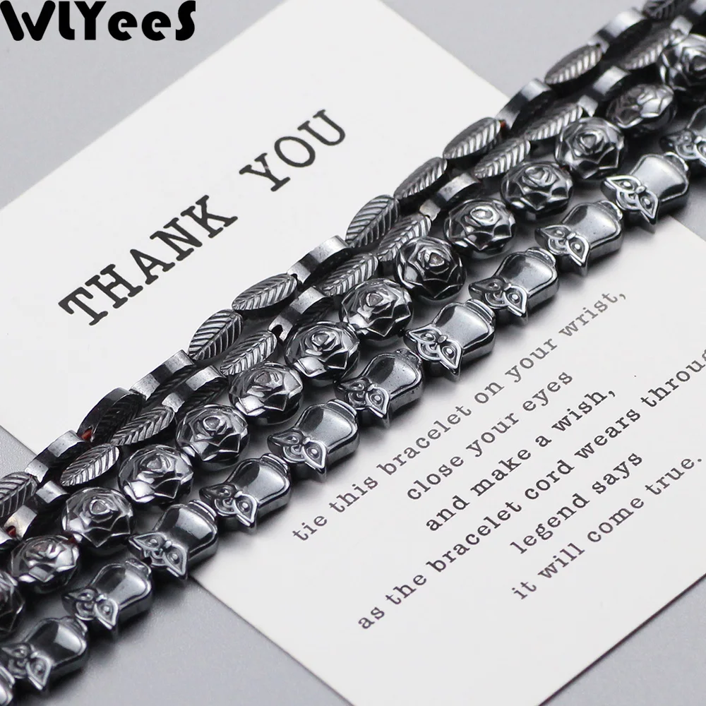 WLYeeS Special-shaped Hematite beads Leaves Owls Roses Black Natural stone Spacer Loose Beads for DIY Jewelry Bracelet Making