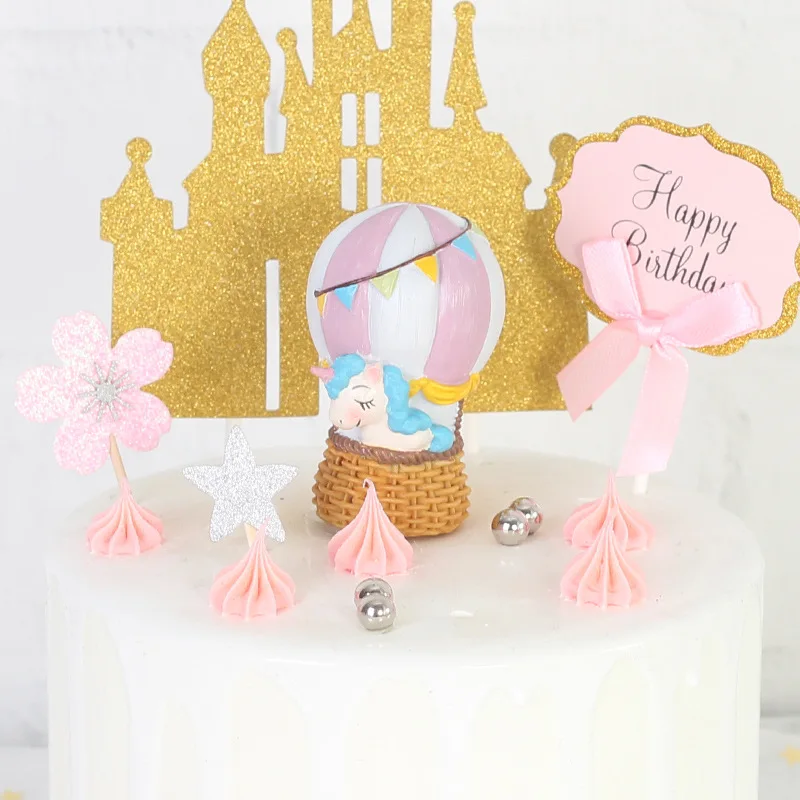 New Resin Mini Cute Hot Air Balloon Unicorn Rabbit Elephant Statue Decoration Sculpture Home Office Desk Cake Ornament Toy Gift