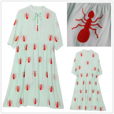 LYNETTE\'S CHINOISERIE Summer Original Design Women High Quality Red Ants Embroidery Green Fresh Vintage Chiffon Twinset Dress