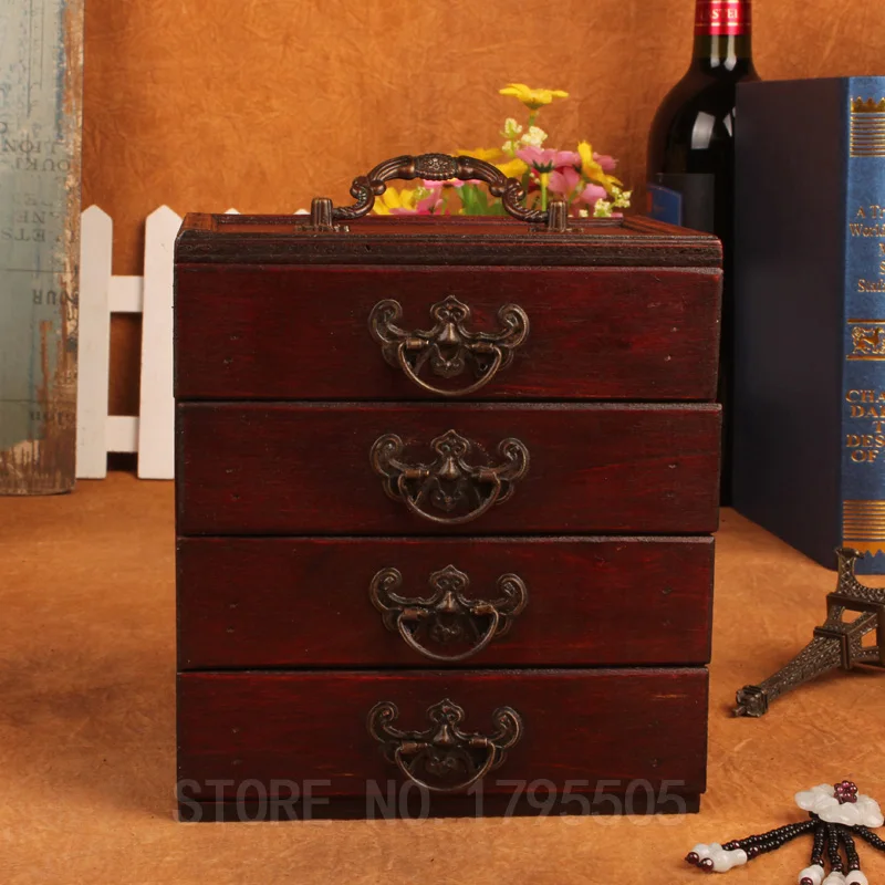 Wholesale Vintage Drawer Storage Case 3 Layers Wooden Makeup Display Organizer Jewelry Gift Box