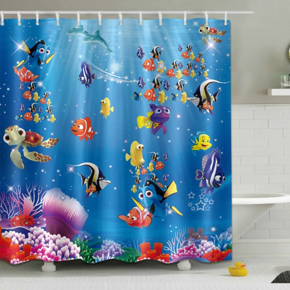 Funny Cartoon Undersea Fish Shower Curtain Ocean And Sea Bathroom Waterproof Extra Long Polyester Fabric For Kids Bathtub Decor