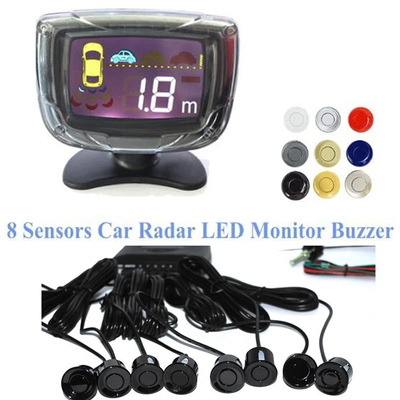 8 Sensors 4 Rear 4 Front Car Parking Sensors Rear LCD Display Reverse Radar System Alarm Black White silver gold gray red blue