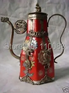 

heap price Factory direct Rare Chinese red Tibetan Porcelain Tibet Silver Butterfly TeaPot Antique Metal Wholesale