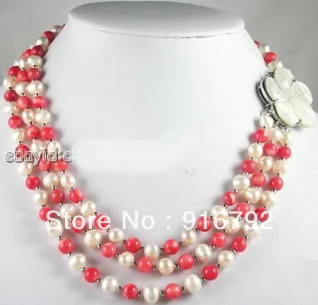 

free shipping White FW Pearl Pink Coral 3 Row Necklace Shell Clasp