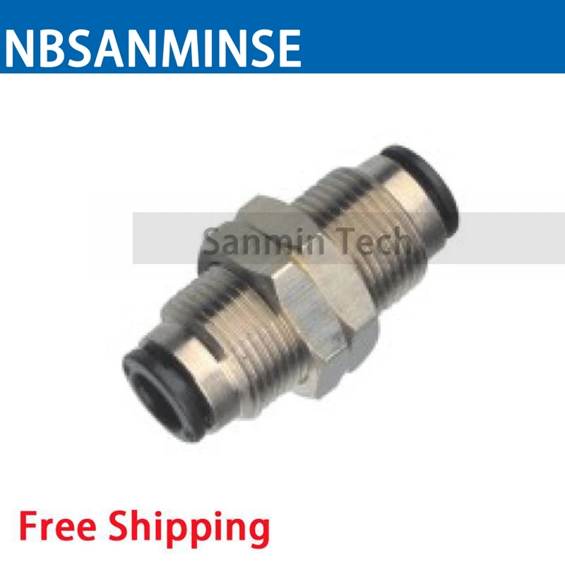 10Pcs/Lot PMP Brass Body Plastic Sleeve Pneumatic Push In Fitting Bulkhead Union Pneumatic Pipe Fitting Sanmin