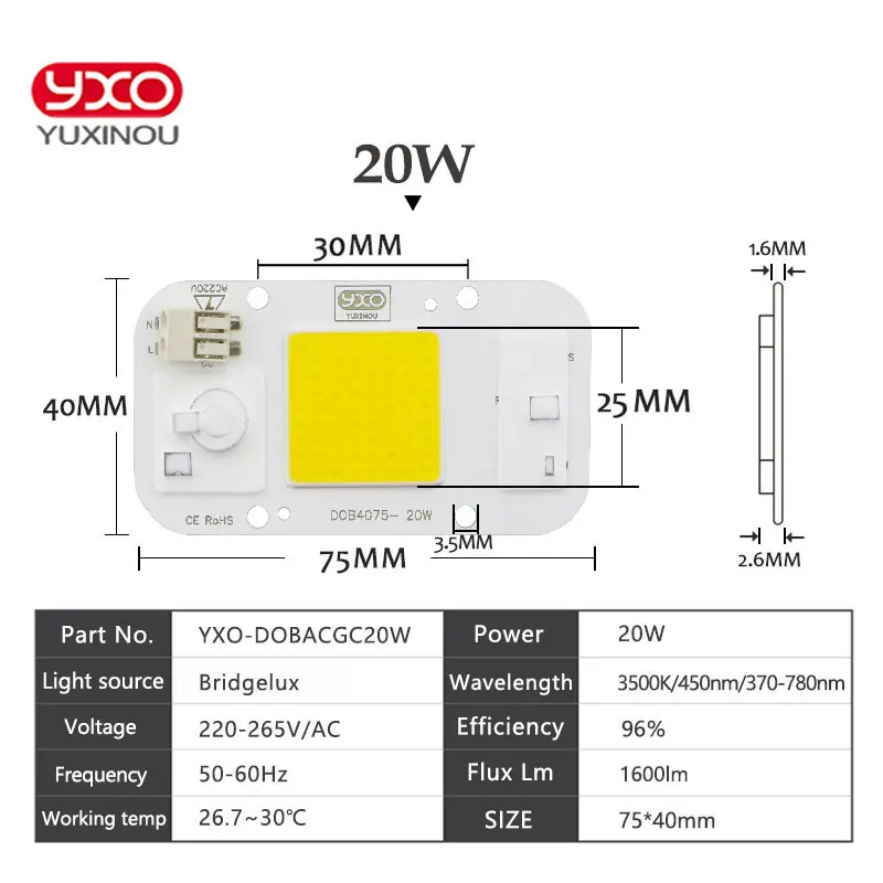 SMD COB Spotlight AC 220V DOB Led Bulb Chip Beans Smart IC 20W 30W 50W Energy Saving Outdoor Lamp White/Warm Supper Bright Light