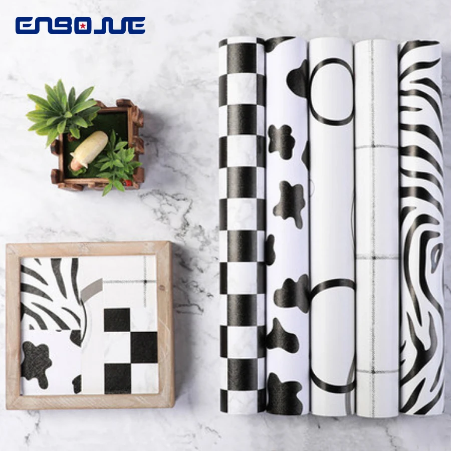 ENBOJUE PVC European Room Wallpaper Roll Black Self-Adhesive Waterproof Wall Paper Dormitory Bedroom Background Sticker 0.45x10M