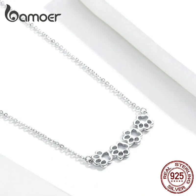 bamoer Dog and Cat Paw Silver Choker Necklace for Women 925 Sterling Silver Cat Pet Footprint Short Neckalces Accessories SCN346