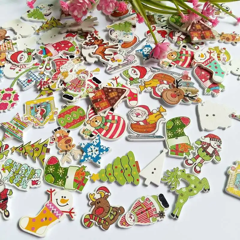 Bulk 50Pcs/lot Mixed Christmas Buttons 2 Holes Wooden Buttons forCraft Scrapbooking Amazing Women DIY Decorative Buttons