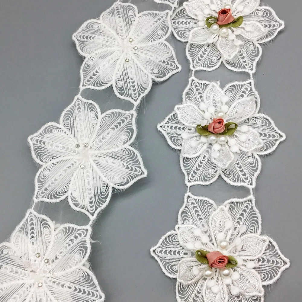 12 x Rosa Fiori di Perle Del Merletto di Modo Del Tessuto Trim Nastro Ricamato Applique accessori Fatti A Mano FAI DA TE Abito Da Sposa I Vestiti