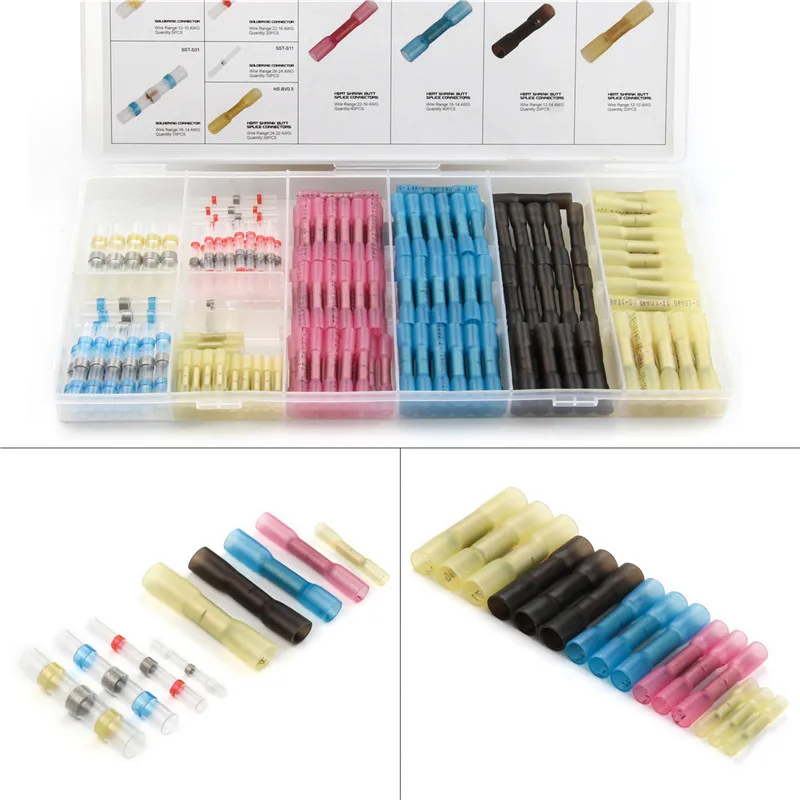 

200pcs Assorted Heat Shrink Butt Splice Terminals Soldering Connecters Insulated Waterproof Seal Wire Crimp Terminals Connector