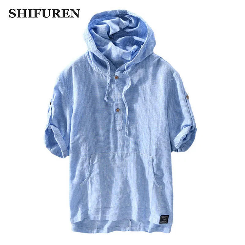 

SHIFUREN New Summer Men Hooded Cotton Linen Shirts Breathable Short Sleeve Tops Striped Causal Male Social Dress Shirts M-XXL