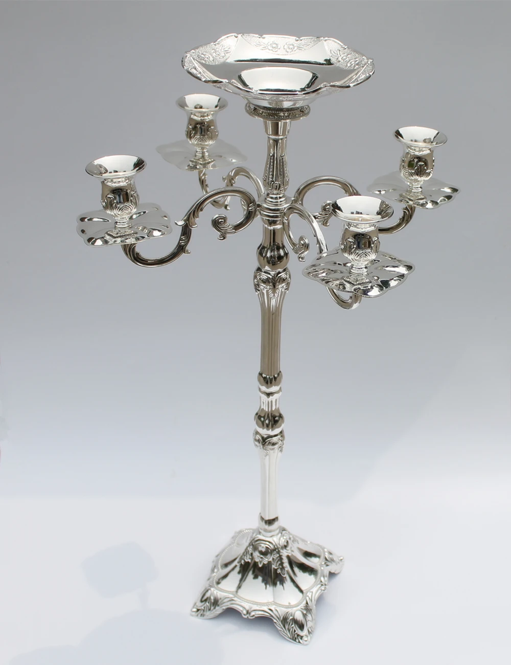 Wholesle Silver finish candelabrum 63cm height 5-arms candelabra with flower bowl/tray in the center for weddings or events