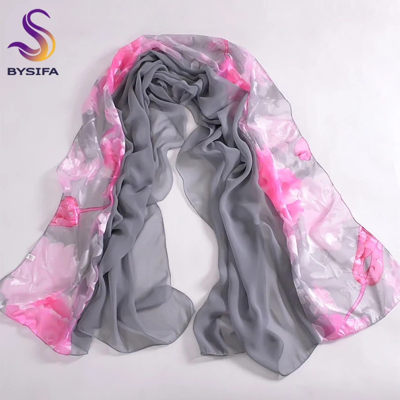 [BYSIFA] Grey Pink Silk Scarf Shawl Women Autumn Winter Chiffon Floral Long Scarves Summer Ladies Beach Cover-Ups Shawl 180*80cm