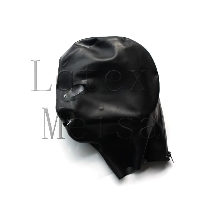 

Unisex Latex hoods rubber masks open eyes nostrils and mouth in black with back zip