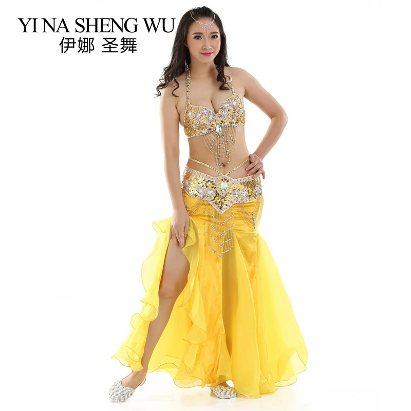 3pcs Set Adult Belly Dance Performance Costumes Flannel Split Skirt Oriental Dance Performance Clothing Bra Belt Skirt Dance Set